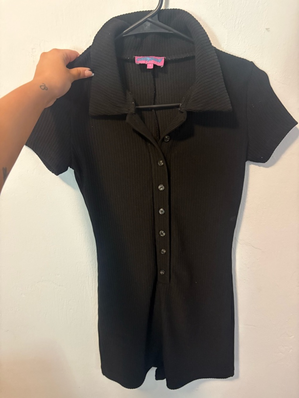 Edikted Black Ribbed Button-Up Romper - Picture 4 of 5